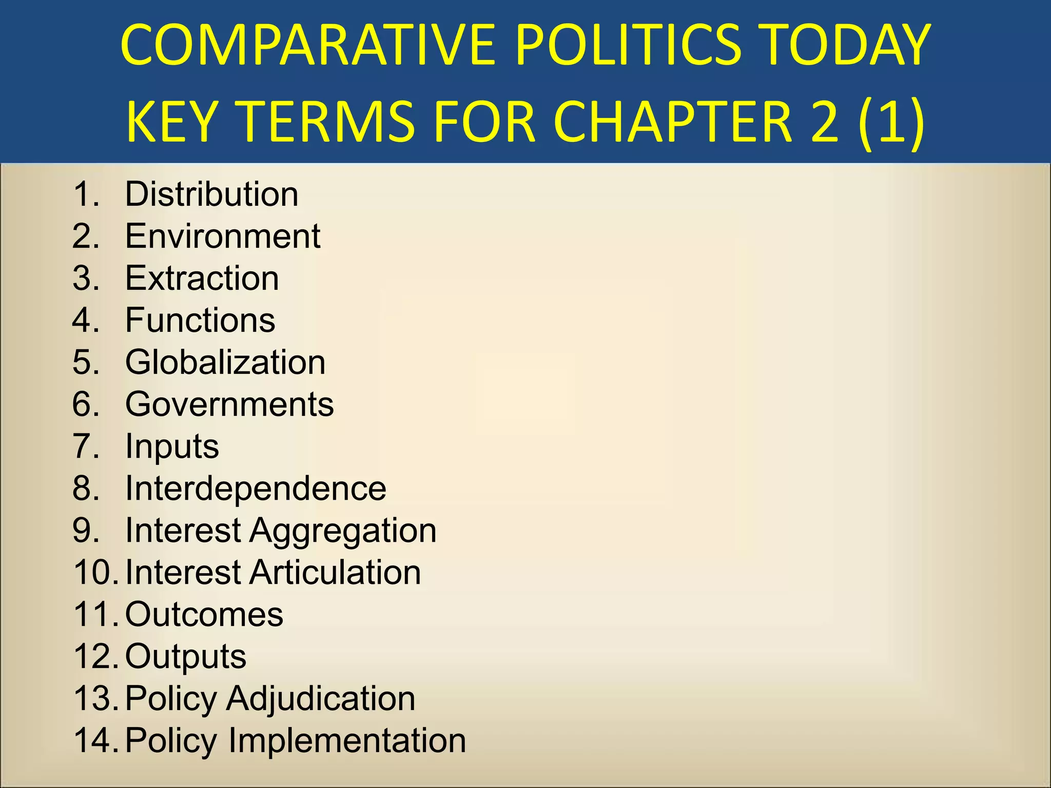 COMPARATIVE POLITICS TODAY
  KEY TERMS FOR CHAPTER 2 (1)
1. Distribution
2. Environment
3. Extraction
4. Functions
5. Globalization
6. Governments
7. Inputs
8. Interdependence
9. Interest Aggregation
10. Interest Articulation
11. Outcomes
12. Outputs
13. Policy Adjudication
14. Policy Implementation
 