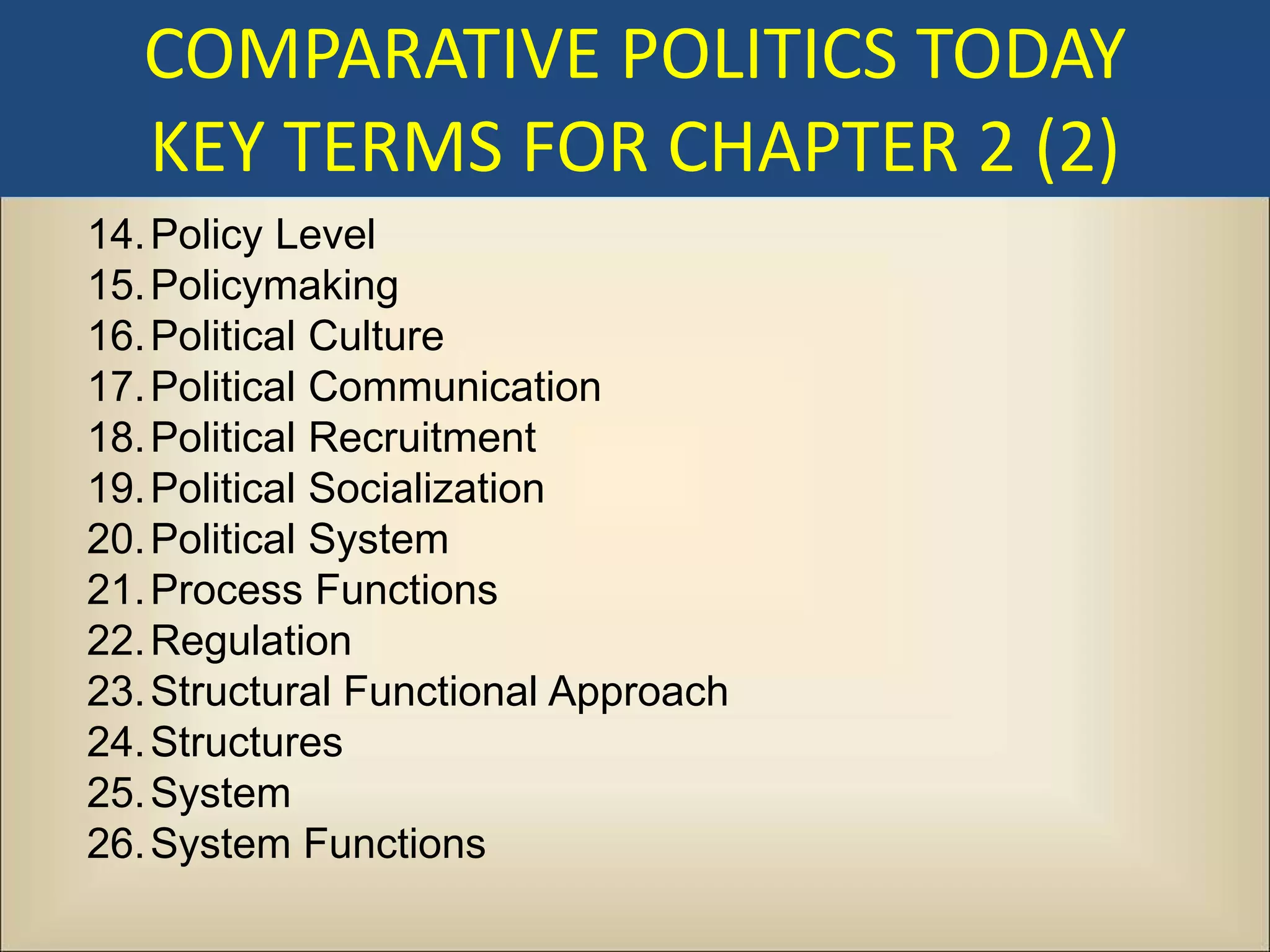 COMPARATIVE POLITICS TODAY
  KEY TERMS FOR CHAPTER 2 (2)
14. Policy Level
15. Policymaking
16. Political Culture
17. Political Communication
18. Political Recruitment
19. Political Socialization
20. Political System
21. Process Functions
22. Regulation
23. Structural Functional Approach
24. Structures
25. System
26. System Functions
 