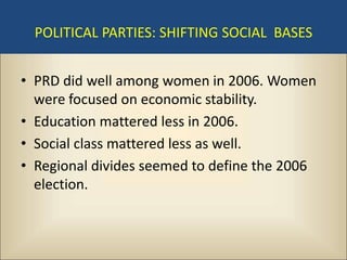 POLITICAL PARTIES: SHIFTING SOCIAL BASES


• PRD did well among women in 2006. Women
  were focused on economic stability.
• Education mattered less in 2006.
• Social class mattered less as well.
• Regional divides seemed to define the 2006
  election.
 