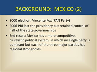 BACKGROUND: MEXICO (2)
• 2000 election: Vincente Fox (PAN Party)
• 2006 PRI lost the presidency but retained control of
  half of the state governorships
• End result: Mexico has a more competitive,
  pluralistic political system, in which no single party is
  dominant but each of the three major parties has
  regional strongholds.
 
