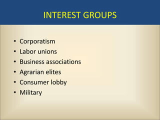 INTEREST GROUPS

•   Corporatism
•   Labor unions
•   Business associations
•   Agrarian elites
•   Consumer lobby
•   Military
 