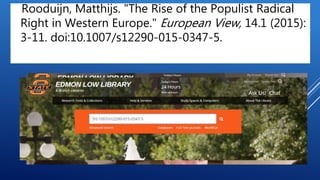 Rooduijn, Matthijs. "The Rise of the Populist Radical
Right in Western Europe." European View, 14.1 (2015):
3-11. doi:10.1007/s12290-015-0347-5.
 