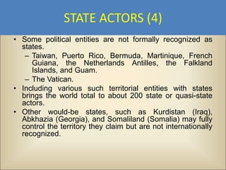 STATE ACTORS (4)
• Some political entities are not formally recognized as
  states.
   – Taiwan, Puerto Rico, Bermuda, Martinique, French
     Guiana, the Netherlands Antilles, the Falkland
     Islands, and Guam.
   – The Vatican.
• Including various such territorial entities with states
  brings the world total to about 200 state or quasi-state
  actors.
• Other would-be states, such as Kurdistan (Iraq),
  Abkhazia (Georgia), and Somaliland (Somalia) may fully
  control the territory they claim but are not internationally
  recognized.
 