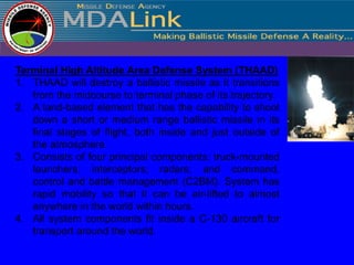 Terminal High Altitude Area Defense System (THAAD)
1. THAAD will destroy a ballistic missile as it transitions
   from the midcourse to terminal phase of its trajectory.
2. A land-based element that has the capability to shoot
   down a short or medium range ballistic missile in its
   final stages of flight, both inside and just outside of
   the atmosphere.
3. Consists of four principal components: truck-mounted
   launchers; interceptors; radars; and command,
   control and battle management (C2BM). System has
   rapid mobility so that it can be air-lifted to almost
   anywhere in the world within hours.
4. All system components fit inside a C-130 aircraft for
   transport around the world.
 