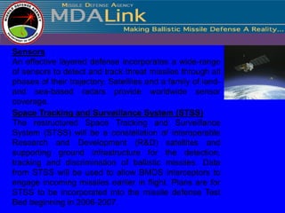 Sensors
An effective layered defense incorporates a wide-range
of sensors to detect and track threat missiles through all
phases of their trajectory. Satellites and a family of land-
and sea-based radars provide worldwide sensor
coverage.
Space Tracking and Surveillance System (STSS)
The restructured Space Tracking and Surveillance
System (STSS) will be a constellation of interoperable
Research and Development (R&D) satellites and
supporting ground infrastructure for the detection,
tracking and discrimination of ballistic missiles. Data
from STSS will be used to allow BMDS interceptors to
engage incoming missiles earlier in flight. Plans are for
STSS to be incorporated into the missile defense Test
Bed beginning in 2006-2007.
 