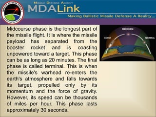 Midcourse phase is the longest part of
the missile flight. It is where the missile
payload has separated from the
booster rocket and is coasting
unpowered toward a target. This phase
can be as long as 20 minutes. The final
phase is called terminal. This is when
the missile's warhead re-enters the
earth's atmosphere and falls towards
its target, propelled only by its
momentum and the force of gravity.
However, its speed can be thousands
of miles per hour. This phase lasts
approximately 30 seconds.
 