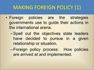 MAKING FOREIGN POLICY (1)
• Foreign policies are the strategies
  governments use to guide their actions in
  the international arena.
   – Spell out the objectives state leaders
     have decided to pursue in a given
     relationship or situation.
   – Foreign policy process: How policies
     are arrived at and implemented.
 