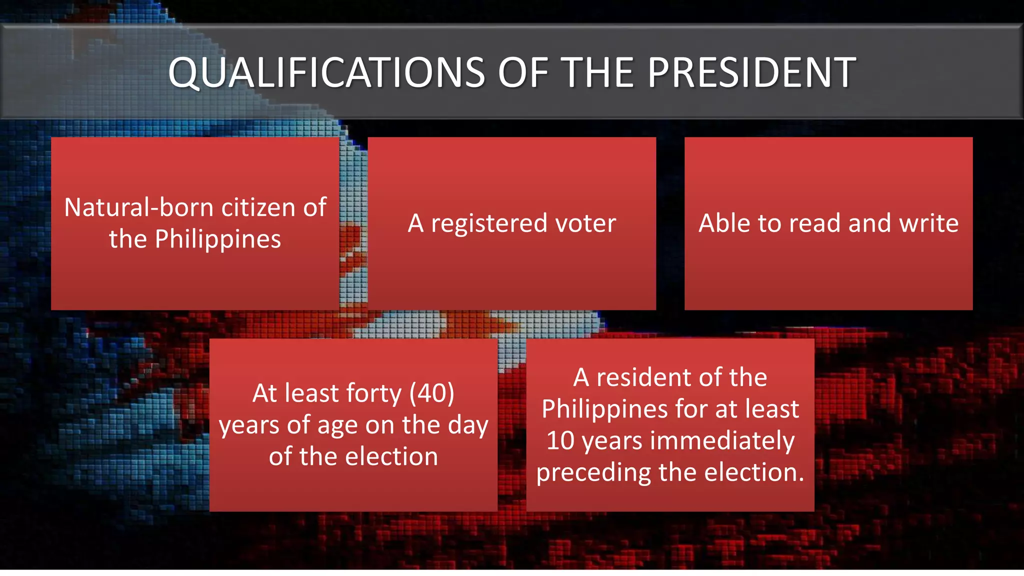 QUALIFICATIONS OF THE PRESIDENT
Natural-born citizen of
the Philippines
A registered voter Able to read and write
At least forty (40)
years of age on the day
of the election
A resident of the
Philippines for at least
10 years immediately
preceding the election.
 
