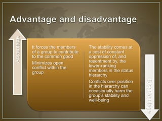 It forces the members 
of a group to contribute 
to the common good 
Minimizes open 
conflict within the 
group 
The stability comes at 
a cost of constant 
oppression of, and 
resentment by, the 
lower-ranking 
members in the status 
hierarchy 
Conflicts over position 
in the hierarchy can 
occasionally harm the 
group’s stability and 
well-being 
Advantage 
Disadvantage 
 
