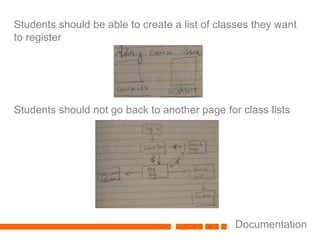Students should be able to create a list of classes they want to registerStudents should not go back to another page for class listsDocumentation