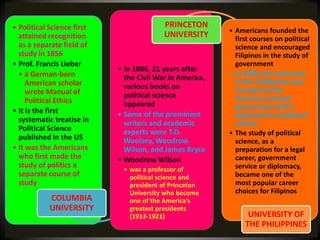 • Political Science first
attained recognition
as a separate field of
study in 1856
• Prof. Francis Lieber
• a German-born
American scholar
wrote Manual of
Political Ethics
• It is the first
systematic treatise in
Political Science
published in the US
• It was the Americans
who first made the
study of politics a
separate course of
study
COLUMBIA
UNIVERSITY
• In 1886, 21 years after
the Civil War in America,
various books on
political science
appeared
• Some of the prominent
writers and academic
experts were T.D.
Woolsey, Woodrow
Wilson, and James Bryce
• Woodrow Wilson
• was a professor of
political science and
president of Princeton
University who become
one of the America’s
greatest presidents
(1913-1921)
PRINCETON
UNIVERSITY • Americans founded the
first courses on political
science and encouraged
Filipinos in the study of
government
• In 1908, the University
of the Philippines was
founded by the
American colonial
government with a
department of political
science
• The study of political
science, as a
preparation for a legal
career, government
service or diplomacy,
became one of the
most popular career
choices for Filipinos
UNIVERSITY OF
THE PHILIPPINES
 