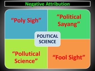 Negative Attribution
“Poly Sigh”
“Political
Sayang”
“Pollutical
Science”
“Fool Sight”
POLITICAL
SCIENCE
 