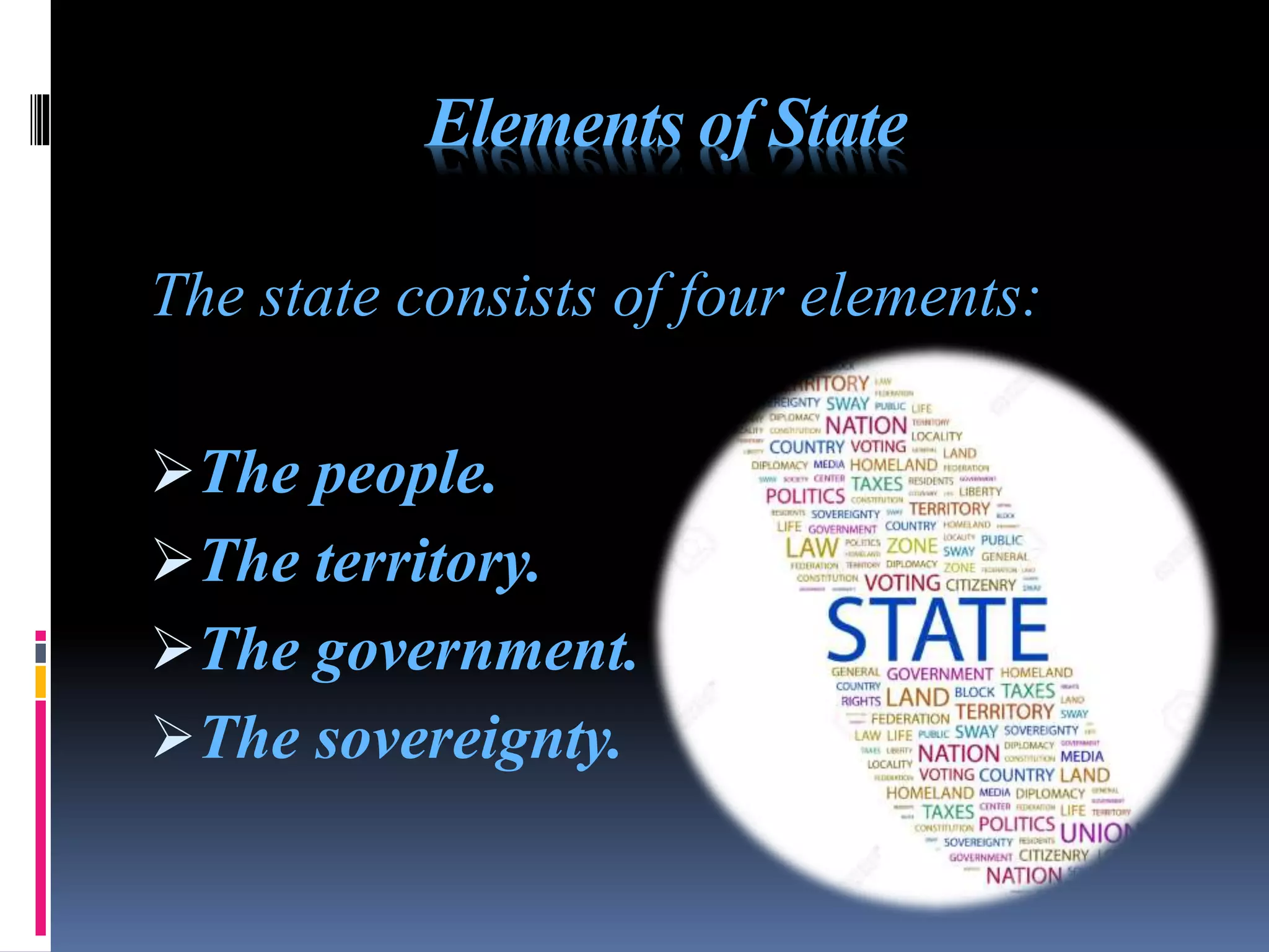 Elements of State
The state consists of four elements:
The people.
The territory.
The government.
The sovereignty.
 