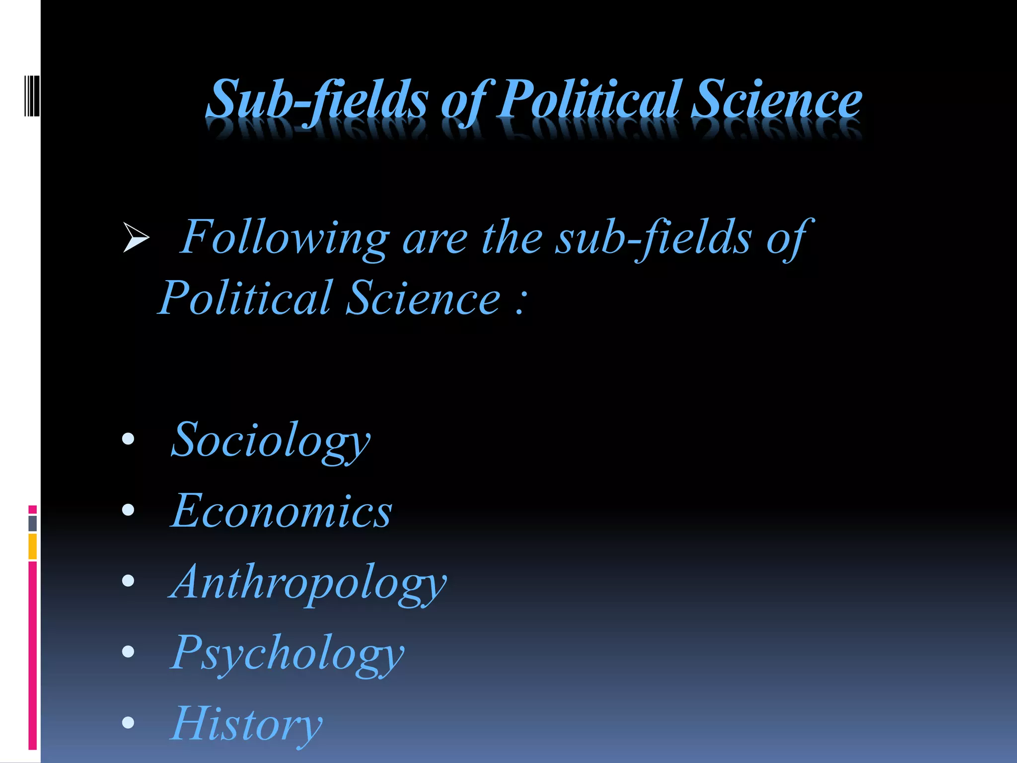 Sub-fields of Political Science
 Following are the sub-fields of
Political Science :
• Sociology
• Economics
• Anthropology
• Psychology
• History
 