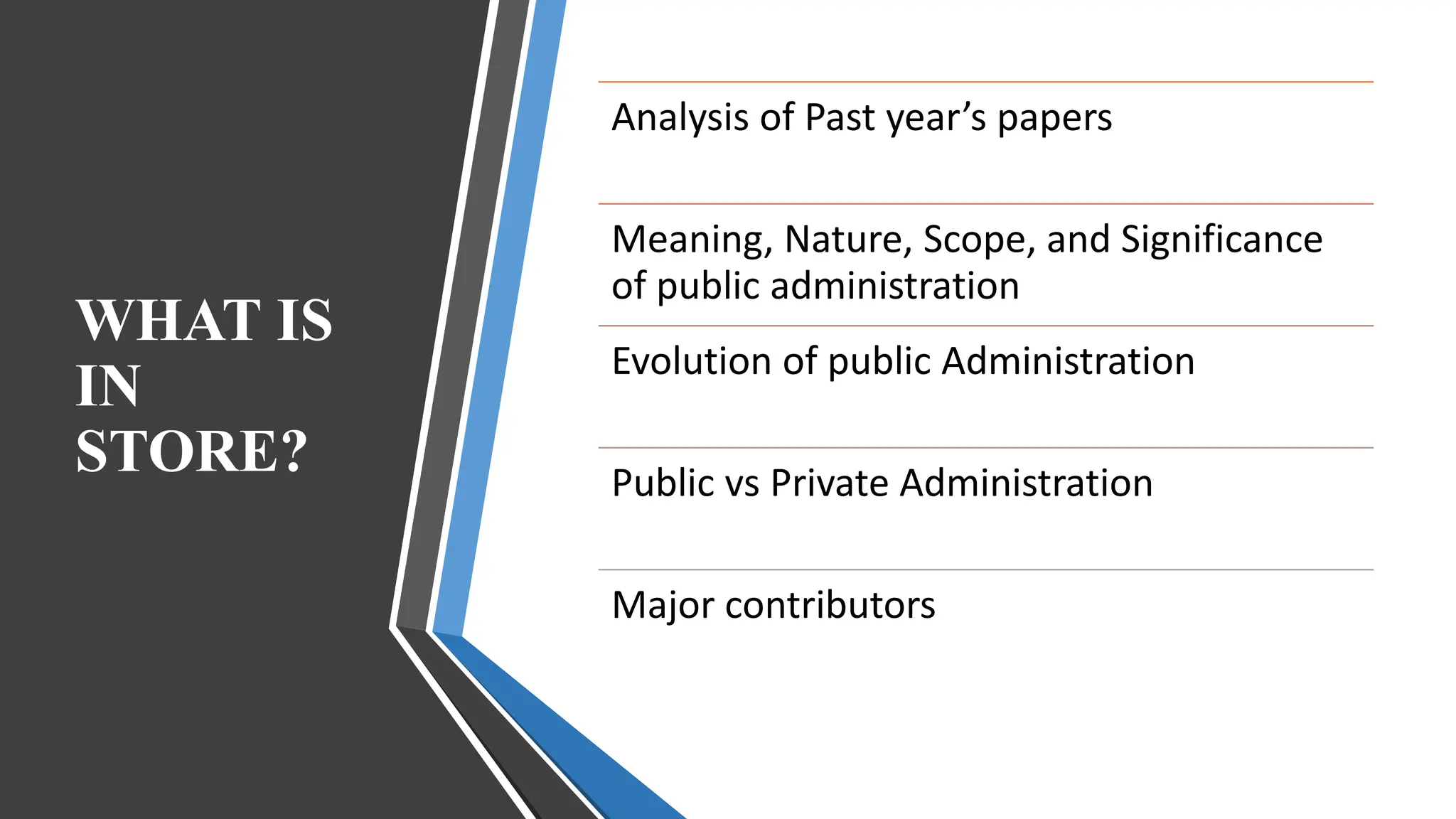 WHAT IS
IN
STORE?
Analysis of Past year’s papers
Meaning, Nature, Scope, and Significance
of public administration
Evolution of public Administration
Public vs Private Administration
Major contributors
 