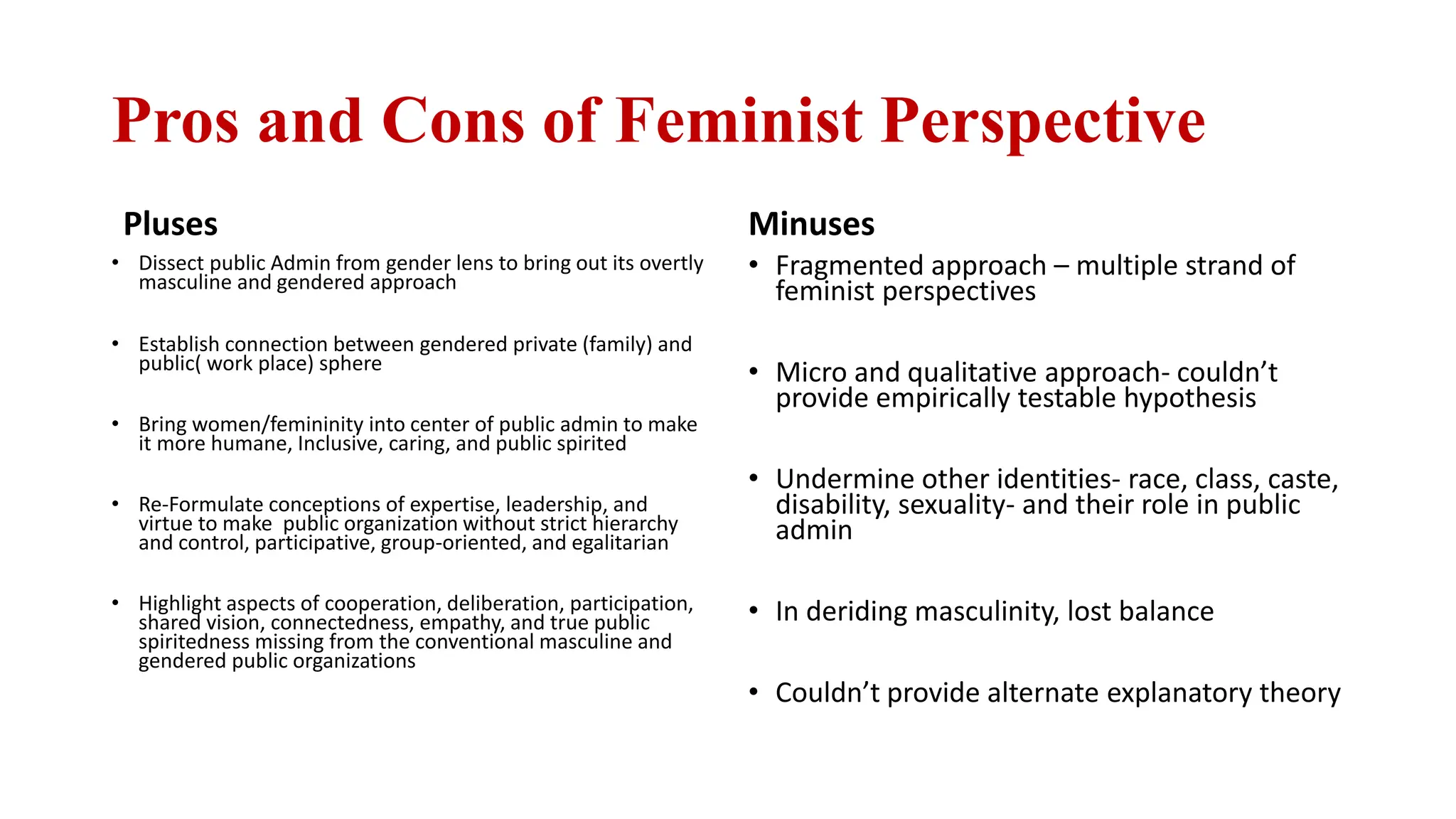 Pros and Cons of Feminist Perspective
Pluses
• Dissect public Admin from gender lens to bring out its overtly
masculine and gendered approach
• Establish connection between gendered private (family) and
public( work place) sphere
• Bring women/femininity into center of public admin to make
it more humane, Inclusive, caring, and public spirited
• Re-Formulate conceptions of expertise, leadership, and
virtue to make public organization without strict hierarchy
and control, participative, group-oriented, and egalitarian
• Highlight aspects of cooperation, deliberation, participation,
shared vision, connectedness, empathy, and true public
spiritedness missing from the conventional masculine and
gendered public organizations
Minuses
• Fragmented approach – multiple strand of
feminist perspectives
• Micro and qualitative approach- couldn’t
provide empirically testable hypothesis
• Undermine other identities- race, class, caste,
disability, sexuality- and their role in public
admin
• In deriding masculinity, lost balance
• Couldn’t provide alternate explanatory theory
 