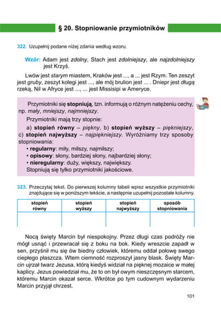 101
§ 20. Stopniowanie przymiotników
322.	 Uzupełnij podane niżej zdania według wzoru.
Wzór: Adam jest zdolny, Stach jest zdolniejszy, ale najzdolniejszy
jest Krzyś.
Lwów jest starym miastem, Kraków jest ..., a ... jest Rzym. Ten zeszyt
jest gruby, zeszyt kolegi jest ..., ale mój brulion jest ... . Dniepr jest długą
rzeką, Nil w Afryce jest ..., ... jest Missisipi w Ameryce.
Przymiotniki się stopniują, tzn. informują o różnym natężeniu cechy,
np. mały, mniejszy, najmniejszy.
Przymiotniki mają trzy stopnie:
a) stopień równy – piękny, b) stopień wyższy – piękniejszy,
c)  stopień najwyższy – najpiękniejszy. Wyróżniamy trzy sposoby
stopniowania:
• regularny: miły, milszy, najmilszy;
• opisowy: słony, bardziej słony, najbardziej słony;
• nieregularny: duży, większy, największy.
Stopniują się tylko przymiotniki jakościowe.
323.	 Przeczytaj tekst. Do pierwszej kolumny tabeli wpisz wszystkie przymiotniki
znajdujące się w poniższym tekście, a następnie uzupełnij pozostałe kolumny.
stopień
równy
stopień
wyższy
stopień
najwyższy
sposób
stopniowania
Nocą święty Marcin był niespokojny. Przez długi czas podróży nie
mógł usnąć i przewracał się z boku na bok. Kiedy wreszcie zapadł w
sen, przyśnił mu się ów biedny człowiek, któremu oddał połowę swego
ciepłego płaszcza. Wtem ciemność rozproszył jasny blask. Święty Mar-
cin ujrzał twarz Jezusa, którą kiedyś widział na pięknej mozaice w małej
kaplicy. Jezus powiedział mu, że to on był owym nieszczęsnym starcem,
któremu Marcin okazał serce. Wkrótce po tym cudownym wydarzeniu
Marcin przyjął chrzest.
 