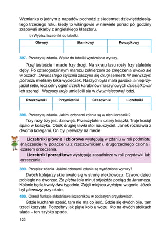 122
Wzmianka o jednym z napadów pochodzi z siedemset dziewięćdziesią-
tego trzeciego roku, kiedy to wikingowie w niewiele ponad pół godziny
zrabowali skarby z angielskiego klasztoru.
b) Wypisz liczebniki do tabelki.
Główny Ułamkowy Porządkowy
397.	 Przeczytaj zdania. Wpisz do tabelki wyróżnione wyrazy.
Trzej jesteście i macie trzy drogi. Na skraju lasu rosły trzy stuletnie
dęby. Po czterogodzinnym marszu żołnierzom ze zmęczenia dwoiło się
w oczach. Dwunastego stycznia zaczyna się drugi semestr. W pierwszym
półroczu mieliśmy kilka wycieczek. Naszych była mała garstka, a nieprzy-
jaciół setki, lecz celny ogień trzech karabinów maszynowych dziesiątkował
ich szeregi. Wszyscy troje umieścili się w dwumiejscowej łodzi.
Rzeczowniki Przymiotniki Czasowniki Liczebniki
398.	 Przeczytaj zdania. Jakimi członami zdania są w nich liczebniki?
Trzy razy trzy jest dziewięć. Przeczytałem cztery książki. Troje kociąt
spało w koszyku. Obok drugiej ławki stoi nauczyciel. Janek rozmawia z
dwoma kolegami. On był pierwszy na mecie.
Liczebniki główne i zbiorowe występują w zdaniu w roli podmiotu
(najczęściej w połączeniu z rzeczownikiem), drugorzędnego człona i
czasem orzeczenia.
Liczebniki porządkowe występują zasadniczo w roli przydawki lub
orzeczenia.
399.	 Przepisz zdania. Jakimi członami zdania są wyróżnione wyrazy?
Dwóch kolejarzy skierowało się w stronę elektrowozu. Czworo dzieci
pobiegło na dworzec. Za piętnaście minut odjeżdża pociąg do Jaremcza.
Kolonie będą trwały dwa tygodnie. Zajęli miejsca w piątym wagonie. Józek
był pierwszy przy oknie.
400.	 Określ funkcje składniowe liczebników w podanych przysłowiach.
Gdzie kucharek sześć, tam nie ma co jeść. Gdzie się dwóch bije, tam
trzeci korzysta. Potrzebny jak piąte koło u wozu. Kto na dwóch stołkach
siada – ten szybko spada.
 