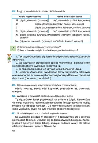 128
418.	 Przyjrzyj się odmianie liczebnika pięć i dwanaście.
Forma męskoosobowa Forma niemęskoosobowa
M.	 pięciu, dwunastu (uczniów) pięć, dwanaście (kobiet, koni, okien)
D.			 pięciu, dwunastu (uczniów, kobiet, koni, okien)
C.			 pięciu, dwunastu (uczniom, kobietom, koniom, oknom)
B.	 pięciu, dwunastu (uczniów) pięć, dwanaście (kobiet, koni, okien)
N.	 pięciu,pięcioma,dwunastu,dwunastoma(uczniami, kobietami, końmi,
	 oknami)
Mc. (o) pięciu, dwunastu (uczniach, kobietach, koniach, oknach)
a) Ile form rodzaju mają powyższe liczebniki?
b) Jaką końcówkę mają te liczebniki w przypadkach zależnych?
1. Tak jak pięć odmienia się liczebniki od pięciu do dziewięćdziesięciu
dziewięciu.
2. We wszystkich przypadkach oprócz mianownika i biernika formy
nie­męskoosobowej występuje końcówka -u.
3. W narzędniku można też używać form z końcówką -oma.
4. Liczebniki dwanaście i dwadzieścia formy przypadków zależnych
oraz mianownika formy niemęskoosobowej tworzą od tematów dwunast- i
dwudziest- (dwunastu, dwudziestu).
419.	 Odmień następujące połączenia liczebników z rzeczownikami:
ośmiu lekarzy, trzydzieści kopiejek, piętnaście lat, dwunastu
kolegów.
420.	 Wyrażenia w nawiasach postawcie w odpowiedniej formie.
Tę ciężarówkę Janek poprowadzi na zmianę z (pięciu kierowców).
Nie mogą myśleć od razu o (sześć sprawach). To wypracowanie musisz
zmieścić na (dziesięć kartkach). Co mamy robić z tymi (piętnaście kart-
kami). Z powodu grypy nie było w szkole (siedem nauczycieli).
421.	 Liczebniki w poniższych zdaniach zapiszcie słowami.
Na wycieczkę pojedzie 11 chłopców i 14 dziewczynek. Do 3 sali musi
się zmieścić 18 dzieci. Uczyłem się do tej klasówki z 5 kolegami. Każde-
go dnia 2 dyżurnych ściera tablicę, sprząta i podlewa kwiaty. Do całości
kolekcji brakuje nam jeszcze 16 okazów.
?
 