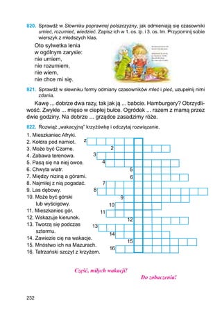 232
820.	 Sprawdź w Słowniku poprawnej polszczyzny, jak odmieniają się czasowniki
umieć, rozumieć, wiedzieć. Zapisz ich w 1. os. lp. i 3. os. lm. Przypomnij sobie
wierszyk z młodszych klas.
Oto sylwetka lenia
w ogólnym zarysie:
nie umiem,
nie rozumiem,
nie wiem,
nie chce mi się.
821.	 Sprawdź w słowniku formy odmiany czasowników mleć i pleć, uzupełnij nimi
zdania.
Kawę ... dobrze dwa razy, tak jak ją ... babcie. Hamburgery? Obrzydli-
wość. Zwykłe ... mięso w ciepłej bułce. Ogródek ... razem z mamą przez
dwie godziny. Na dobrze ... grządce zasadzimy róże.
822.	 Rozwiąż „wakacyjną” krzyżówkę i odczytaj rozwiązanie.
1. Mieszkaniec Afryki.
2. Kołdra pod namiot.
3. Może być Czarne.
4. Zabawa terenowa.
5. Pasą się na niej owce.
6. Chwyta wiatr.
7. Między niziną a górami.
8. Najmilej z nią pogadać.
9. Las dębowy.
10. Może być górski
lub wyścigowy.
11. Mieszkaniec gór.
12. Wskazuje kierunek.
13. Tworzą się podczas
sztormu.
14. Zawiezie cię na wakacje.
15. Mnóstwo ich na Mazurach.
16. Tatrzański szczyt z krzyżem.
Część, miłych wakacji!
Do zobaczenia!
2
3
4
5
z
6
7
8
9
10
11
12
13
14
15
16
 