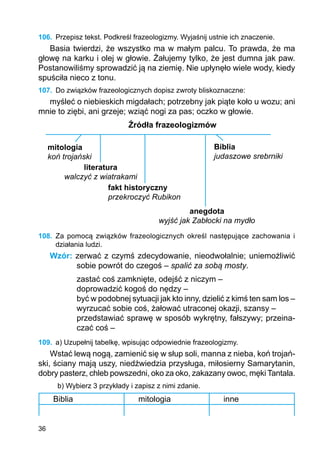 36
106.	 Przepisz tekst. Podkreśl frazeologizmy. Wyjaśnij ustnie ich znaczenie.
Basia twierdzi, że wszystko ma w małym palcu. To prawda, że ma
głowę na karku i olej w głowie. Żałujemy tylko, że jest dumna jak paw.
Postanowiliśmy sprowadzić ją na ziemię. Nie upłynęło wiele wody, kiedy
spuściła nieco z tonu.
107.	 Do związków frazeologicznych dopisz zwroty bliskoznaczne:
myśleć o niebieskich migdałach; potrzebny jak piąte koło u wozu; ani
mnie to ziębi, ani grzeje; wziąć nogi za pas; oczko w głowie.
Źródła frazeologizmów
108.	 Za pomocą związków frazeologicznych określ następujące zachowania i
działania ludzi.
Wzór: zerwać z czymś zdecydowanie, nieodwołalnie; uniemożliwić
sobie powrót do czegoś – spalić za sobą mosty.
zastać coś zamknięte, odejść z niczym –
doprowadzić kogoś do nędzy –
być w podobnej sytuacji jak kto inny, dzielić z kimś ten sam los –
wyrzucać sobie coś, żałować utraconej okazji, szansy –
przedstawiać sprawę w sposób wykrętny, fałszywy; przeina-
czać coś –
109.	 a) Uzupełnij tabelkę, wpisując odpowiednie frazeologizmy.
Wstać lewą nogą, zamienić się w słup soli, manna z nieba, koń trojań-
ski, ściany mają uszy, niedźwiedzia przysługa, miłosierny Samarytanin,
dobry pasterz, chleb powszedni, oko za oko, zakazany owoc, męki Tantala.
b) Wybierz 3 przykłady i zapisz z nimi zdanie.
Biblia mitologia inne
mitologia
koń trojański
literatura
walczyć z wiatrakami
fakt historyczny
przekroczyć Rubikon
anegdоta
wyjść jak Zabłocki na mydło
Biblia
judaszowe srebrniki
 