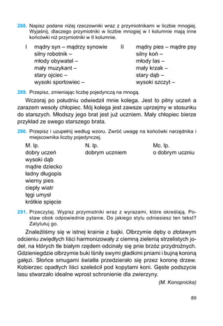 89
288.	 Napisz podane niżej rzeczowniki wraz z przymiotnikami w liczbie mnogiej.
Wyjaśnij, dlaczego przymiotniki w liczbie mnogiej w I kolumnie mają inne
końcówki niż przy­miotniki w II kolumnie.
I	 mądry syn – mądrzy synowie	 II	 mądry pies – mądre psy
	 silny robotnik –				 silny koń –
	 młody obywatel –				 młody las –
	 mały muzykant –				 mały krzak –
	 stary ojciec –					 stary dąb –
	 wysoki sportowiec –				 wysoki szczyt –
289.	 Przepisz, zmieniając liczbę pojedynczą na mnogą.
Wczoraj po południu odwiedził mnie kolega. Jest to pilny uczeń a
zarazem wesoły chłopiec. Mój kolega jest zawsze uprzejmy w stosunku
do starszych. Młodszy jego brat jest już uczniem. Mały chłopiec bierze
przykład ze swego starszego brata.
290.	 Przepisz i uzupełnij według wzoru. Zwróć uwagę na końcówki narzędnika i
miejs­cownika liczby pojedynczej.
M. lp.			 N. lp.				 Mc. lp.
dobry uczeń		 dobrym uczniem		 o dobrym uczniu
wysoki dąb
mądre dziecko
ładny długopis
wierny pies
ciepły wiatr
tęgi umysł
krótkie spięcie
291.	Przeczytaj. Wypisz przymiotniki wraz z wyrazami, które określają. Po-
staw obok odpowiednie pytanie. Do jakiego stylu odniesiesz ten tekst?
Zatytułuj go.
Znaleźliśmy się w istnej krainie z bajki. Olbrzymie dęby o złotawym
odcieniu zwiędłych liści harmonizowały z ciemną zielenią strzelistych jo-
deł, na których tle białym rzędem odcinały się pnie brzóz przydrożnych.
Gdzieniegdzie olbrzymie buki lśniły swymi gładkimi pniami i bujną koroną
gałęzi. Słońce smugami światła przedzierało się przez koronę drzew.
Kobierzec opadłych liści szeleścił pod kopytami koni. Gęste podszycie
lasu stwarzało idealne wprost schronienie dla zwierzyny.
(M. Konopnicka)
 
