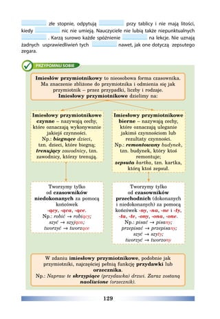 129
złe stopnie, odpytują przy tablicy i nie mają litości,
kiedy nic nie umieją. Nauczyciele nie lubią także niepunktualnych
. Karzą surowo każde spóźnienie na lekcje. Nie uznają
żadnych  usprawiedliwień tych  nawet, jak one dotyczą  zepsutego
zegara. 
Imiesłów przymiotnikowy to nieosobowa forma czasownika.
Ma znaczenie zbliżone do przymiotnika i odmienia się jak
przymiotnik – przez przypadki, liczby i rodzaje.
Imiesłowy przymiotnikowe dzielimy na:
Imiesłowy przymiotnikowe
czynne – nazywają cechy,
które oznaczają wykonywanie
jakiejś czynności.
Np.: biegnące dzieci,
tzn. dzieci, które biegną;
trenujący zawodnicy, tzn.
zawodnicy, którzy trenują.
Imiesłowy przymiotnikowe
bierne – nazywają cechy,
które oznaczają uleganie
jakimś czynnościom lub
rezultaty czynności.
Np.: remontowany budynek,
tzn. budynek, który ktoś
remontuje;
zepsuta kartka, tzn. kartka,
którą ktoś zepsuł.
Tworzymy tylko
od czasowników
niedokonanych za pomocą
końcówek
-ący, -ąca, -ące.
Np.: robić → robiący;
szyć → szyjąca;
tworzyć → tworzące
Tworzymy tylko
od czasowników
przechodnich (dokonanych
i niedokonanych) za pomocą
końcówek -ny, -na, -ne i -ty,
-ta, -te, -ony, -ona, -one.
Np.: pisać → pisany;
przepisać → przepisany;
szyć → szyty;
tworzyć → tworzony
W zdaniu imiesłowy przymiotnikowe, podobnie jak
przymiotniki, najczęściej pełnią funkcję przydawki lub
orzecznika.
Np.: Napraw te skrzypiące (przydawka) drzwi. Zaraz zostaną
naoliwione (orzecznik).
 