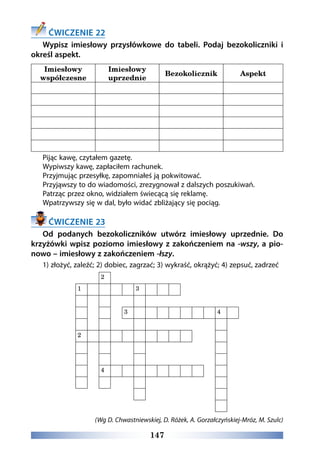 147
ĆWICZENIE 22
Wypisz imiesłowy przysłówkowe do tabeli. Podaj bezokoliczniki i
określ aspekt.
Imiesłowy
współczesne
Imiesłowy
uprzednie
Bezokolicznik Aspekt
Pijąc kawę, czytałem gazetę.
Wypiwszy kawę, zapłaciłem rachunek.
Przyjmując przesyłkę, zapomniałeś ją pokwitować.
Przyjąwszy to do wiadomości, zrezygnował z dalszych poszukiwań.
Patrząc przez okno, widziałem świecącą się reklamę.
Wpatrzywszy się w dal, było widać zbliżający się pociąg.
ĆWICZENIE 23
Od podanych bezokoliczników utwórz imiesłowy uprzednie. Do
krzyżówki wpisz poziomo imiesłowy z zakończeniem na -wszy, a pio-
nowo – imiesłowy z zakończeniem -łszy.
1) złożyć, zaleźć; 2) dobiec, zagrzać; 3) wykraść, okrążyć; 4) zepsuć, zadrzeć
2
1 3
3 4
2
4
(Wg D. Chwastniewskiej, D. Różek, A. Gorzałczyńskiej-Mróz, M. Szulc)
 