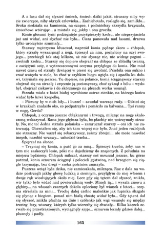 165
A z lasu dał się słyszeć śmiech, śmiech dziki jakiś, straszny niby wy-
cie zwierzęce, niby okrzyk człowieka... Zachichotało, rozległo się, zamilkło...
Sroka siedziała na kamieniu, na czapce, i podniósłszy skrzydła krzyczała,
śmiechowi wtórując... a miotała się, jakby i ona groziła.
Konie głosami tymi podżegnięte przyśpieszyły kroku, ale nieprzyjaciela
już ani widać, ani słychać nie było... Cisza panowała nad lasami, drzewa
tylko uroczyście szumiały...
Starszy mężczyzna kłusował, naprzód konia pędząc skoro – chłopak,
który strzałę wyszarpnął z nogi, śpieszył za nim, pochylony na szyi swo-
jego... przebiegli tak staj kilkoro, aż nie słysząc nic, nie widząc pogoni –
zwolnili kroku... Starszy się dopiero obejrzał na chłopca ze zbladłą twarzą,
z zaciętymi osty, z wytrzeszczonymi oczyma przylgłego do konia. Nie miał
nawet czasu od strzały tkwiącej w piersi się uwolnić. Przebiła ona sukno i
znać uwięzła w ciele, bo choć w szybkim biegu ugięła się i opadła ku doło-
wi, trzymała się jeszcze. Tu dopiero, na polance, konia ściągnąwszy starszy
obejrzał się na strzałę i zręcznie ją pocisnąwszy, choć syknął z bólu – wydo-
był, obejrzał ciekawie i do skórzanego na plecach worka wsunął.
Strzała miała z kości białej wyrobione ostrze cienkie, na którego końcu
widać było krwi kropelkę.
– Pioruny by w nich biły... i burze! – zawołał warcząc rudy. – Gdzieś się
w krzakach znalazło oko, co podpatrzyło i pomściło za bałwana... Tyś ranny
w nogę, Gerda?
Chłopak, z oczyma jeszcze obłąkanymi i trwogą, milcząc na nogę skale-
czoną wskazywał. Rana jego głębsza była, bo płachty nie wstrzymały strza-
ły. No, nic to! Jedna strzała polańska – zamruczał starszy – oni ich nie za-
truwają. Obawiałem się, aby ich tam więcej nie było. Znać jeden rozbójnik
nie straszny. Nie ważył się zobaczywszy, żeśmy zbrojni... ale może nawołać
innych, narobić wrzawy... uchodzić trzeba...
Spojrzał na słońce.
– Trzymaj się konia, a puść go za mną... Śpieszyć trzeba, żeby nas w
tym nie zaskoczyli lesie, póki nie dojedziemy do znajomych. Z południa na
miejscu będziemy. Chłopak milczał, starszy coś mruczał jeszcze, ku górze
patrzał, konia sznurem ściągnął i polecieli gęstwiną, nad brzegiem się cią-
gle trzymając, bez drogi – rzeka gościniec znaczyła.
Puszcza wciąż była dzika, nie zamieszkała, milcząca. Raz z dala na wo-
dzie postrzegli jakby głowę ludzką z ciemnym, przylgłym do niej włosem i
dwoje rąk wiosłujących około niej. Lecz gdy się tętent dał słyszeć, znikła,
wir tylko było widać nad powierzchnią wody. Minęli ją... i wyszła znowu z
głębiny... na włosach czarnych dokoła opleciony był wianek z łotoci... oczy-
ma strzelała za nimi... Trochę dalej czółno maleńkie jak łupinka ślizgało
się płynąc z biegiem, ponad nim białą chustę widać było... Gdy tętent dał
się słyszeć, znikła płachta na dnie i czółenko jak wąż wsunęło się między
trzciny, łozy, wiszary, których tylko wierzchy się chwiały... Kilka kaczek ze-
rwało się przestraszonych, wyciągnęły szyje... sznurem leciały gdzieś dalej...
plusnęły i padły.
 