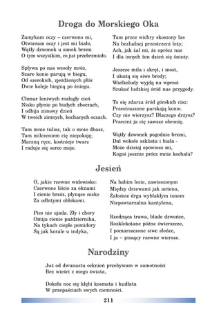 211
Droga do Morskiego Oka
Zamykam oczy – czerwono mi,
Otwieram oczy i jest mi biało,
Wątły dzwonek u sanek brzmi
O tym wszystkim, co już przebrzmiało.
Spływa po nas wesoły mróz,
Szare konie parują w biegu,
Od szerokich, zjeżdżonych płóz
Dwie koleje biegną po śniegu.
Chmur leniwych rozległy cień
Nisko płynie po białych zboczach,
I odbija zimowy dzień
W twoich zimnych, kochanych oczach.
Tam mnie tulisz, tak o mnie dbasz,
Tam milczeniem cię niepokoję;
Marzną ręce, kostnieje twarz
I raduje się serce moje.
Tam przez wichry skoszony las
Na bezludnej przestrzeni leży;
Ach, jak żal mi, że oprócz nas
I dla innych ten dzień się śnieży.
Jeszcze mila i skręt, i most,
I ukażą się siwe brody;
Wielkoludy wyjdą na wprost
Szukać ludzkiej śród nas przygody.
To się zdarza śród górskich cisz:
Przestraszone parskają konie.
Czy nie wierzysz? Dlaczego drżysz?
Przecież ja cię zawsze obronię.
Wątły dzwonek pogodnie brzmi,
Dal wokoło szklista i biała -
Może dzisiaj opowiesz mi,
Kogoś jeszcze prócz mnie kochała?
Jesień
O, jakie rzewne widowisko:
Czerwone liście za oknami
I cienie brzóz, płynące nisko
Za odbitymi obłokami.
Pies nie ujada. Zły i chory
Omija cienie października,
Na tykach ciepłe pomidory
Są jak korale u indyka,
Na babim lecie, zawieszonym
Między drzewami jak antena,
Żałośnie drga wyblakłym tonem
Niepowtarzalna kantylena,
Rzednąca trawa, blade dzwońce,
Rozklekotane późne świerszcze,
I pomarszczone siwe słońce,
I ja – piszący rzewne wiersze.
Narodziny
Już od dwunastu ocknień przebywam w samotności
Bez wieści z mego świata,
Dokoła noc się kłębi kosmata i kudłata
W przepaściach swych ciemności.
 