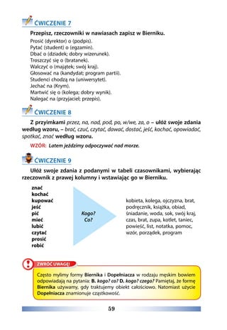 59
ĆWICZENIE 7
Przepisz, rzeczowniki w nawiasach zapisz w Bierniku.
Prosić (dyrektor) o (podpis).
Pytać (student) o (egzamin).
Dbać o (dziadek; dobry wizerunek).
Troszczyć się o (bratanek).
Walczyć o (majątek; swój kraj).
Głosować na (kandydat; program partii).
Studenci chodzą na (uniwersytet).
Jechać na (Krym).
Martwić się o (kolega; dobry wynik).
Nalegać na (przyjaciel; przepis).
ĆWICZENIE 8
Z przyimkami przez, na, nad, pod, po, w/we, za, o – ułóż swoje zdania
według wzoru, – brać, czuć, czytać, dawać, dostać, jeść, kochać, opowiadać,
spotkać, znać według wzoru.
WZÓR: Latem jeździmy odpoczywać nad morze.
ĆWICZENIE 9
Ułóż swoje zdania z podanymi w tabeli czasownikami, wybierając
rzeczownik z prawej kolumny i wstawiając go w Bierniku.
znać
kochać
kupować
jeść
pić
mieć
lubić
czytać
prosić
robić
Kogo?
Co?
kobieta, kolega, ojczyzna, brat,
podręcznik, książka, obiad,
śniadanie, woda, sok, swój kraj,
czas, brat, zupa, kotlet, taniec,
powieść, list, notatka, pomoc,
wzór, porządek, program
Często mylimy formy Biernika i Dopełniacza w rodzaju męskim bowiem
odpowiadają na pytania: B. kogo? co? D. kogo? czego? Pamiętaj, że formę
Biernika używamy, gdy traktujemy obiekt całościowo. Natomiast użycie
Dopełniacza znamionuje cząstkowość.
 