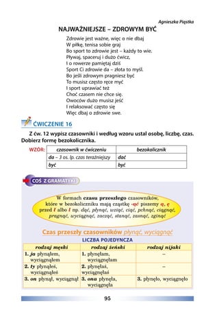 95
Agnieszka Piąstka
NAJWAŻNIEJSZE – ZDROWYM BYĆ
Zdrowie jest ważne, więc o nie dbaj
W piłkę, tenisa sobie graj
Bo sport to zdrowie jest – każdy to wie.
Pływaj, spaceruj i dużo ćwicz,
I o rowerze pamiętaj dziś
Sport Ci zdrowie da – złota to myśl.
Bo jeśli zdrowym pragniesz być
To musisz często ręce myć
I sport uprawiać też
Choć czasem nie chce się.
Owoców dużo musisz jeść
I relaksować często się
Więc dbaj o zdrowie swe.
ĆWICZENIE 16
Z ćw. 12 wypisz czasowniki i według wzoru ustal osobę, liczbę, czas.
Dobierz formę bezokolicznika.
WZÓR: czasownik w ćwiczeniu bezokolicznik
da – 3 os. lp. czas teraźniejszy dać
być być
W formach czasu przeszłego czasowników,
które w bezokoliczniku mają cząstkę -ąć piszemy ą, ę
przed ł albo l np. dąć, płynąć, wziąć, ciąć, pchnąć, ciągnąć,
pragnąć, wyciągnąć, zacząć, stanąć, zasnąć, zginąć
Czas przeszły czasowników płynąć, wyciągnąć
LICZBA POJEDYNCZA
rodzaj męski rodzaj żeński rodzaj nijaki
1. ja płynąłem,
wyciągnąłem
1. płynęłam,
wyciągnęłam
–
2. ty płynąłeś,
wyciągnąłeś
2. płynęłaś,
wyciągnęłaś
–
3. on płynął, wyciągnął 3. ona płynęła,
wyciągnęła
3. płynęło, wyciągnęło
 