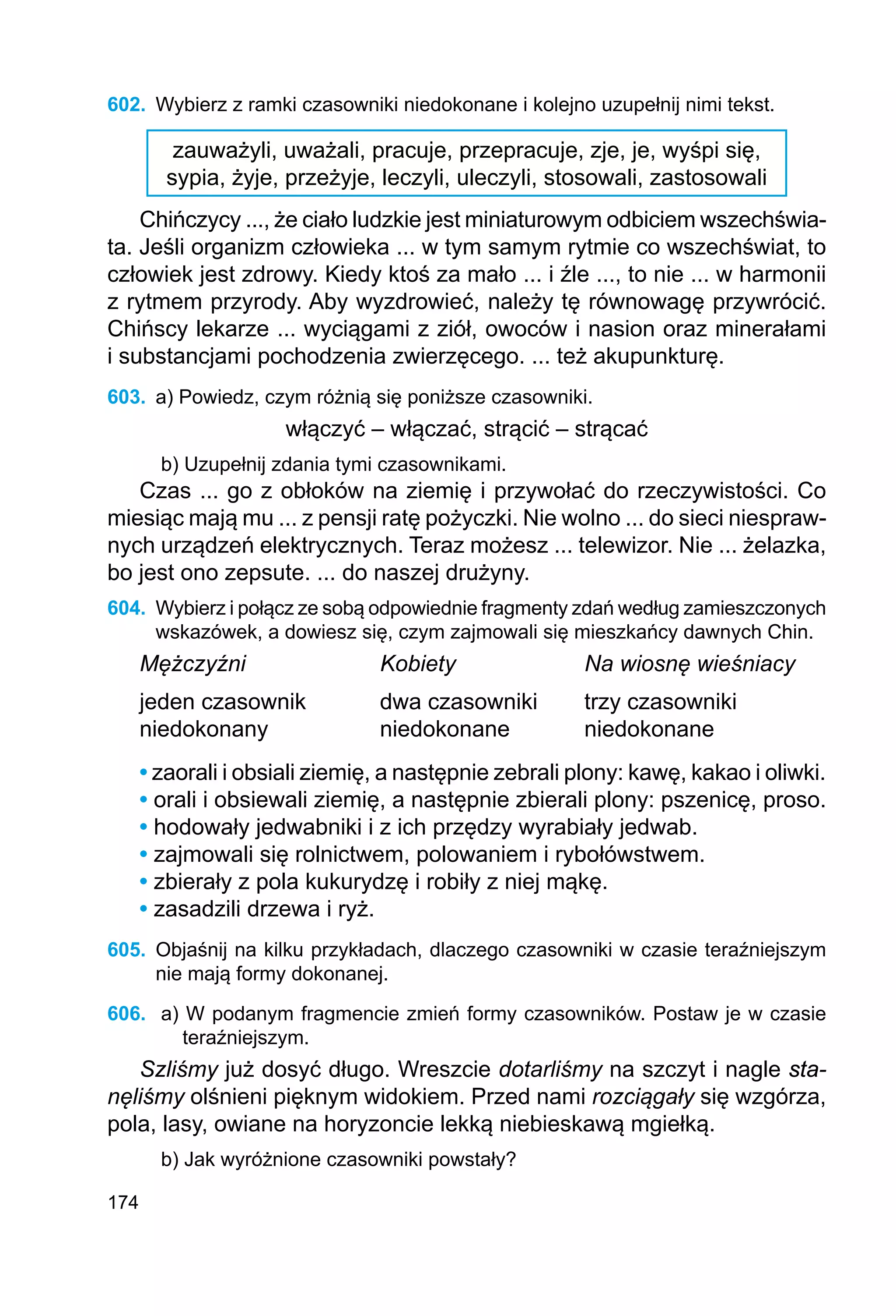 174
602.	 Wybierz z ramki czasowniki niedokonane i kolejno uzupełnij nimi tekst.
zauważyli, uważali, pracuje, przepracuje, zje, je, wyśpi się,
sypia, żyje, przeżyje, leczyli, uleczyli, stosowali, zastosowali
Chińczycy ..., że ciało ludzkie jest miniaturowym odbiciem wszechświa-
ta. Jeśli organizm człowieka ... w tym samym rytmie co wszechświat, to
człowiek jest zdrowy. Kiedy ktoś za mało ... i źle ..., to nie ... w harmonii
z rytmem przyrody. Aby wyzdrowieć, należy tę równowagę przywrócić.
Chińscy lekarze ... wyciągami z ziół, owoców i nasion oraz minerałami
i substancjami pochodzenia zwierzęcego. ... też akupunkturę.
603.	 a) Powiedz, czym różnią się poniższe czasowniki.
włączyć – włączać, strącić – strącać
b) Uzupełnij zdania tymi czasownikami.
Czas ... go z obłoków na ziemię i przywołać do rzeczywistości. Co
miesiąc mają mu ... z pensji ratę pożyczki. Nie wolno ... do sieci niespraw-
nych urządzeń elektrycznych. Teraz możesz ... telewizor. Nie ... żelazka,
bo jest ono zepsute. ... do naszej drużyny.
604.	 Wybierz i połącz ze sobą odpowiednie fragmenty zdań według zamieszczonych
wskazówek, a dowiesz się, czym zajmowali się mieszkańcy dawnych Chin.
Mężczyźni		 Kobiety		 Na wiosnę wieśniacy
jeden czasownik		 dwa czasowniki	 trzy czasowniki
niedokonany		 niedokonane		 niedokonane
• zaorali i obsiali ziemię, a następnie zebrali plony: kawę, kakao i oliwki.
• orali i obsiewali ziemię, a następnie zbierali plony: pszenicę, proso.
• hodowały jedwabniki i z ich przędzy wyrabiały jedwab.
• zajmowali się rolnictwem, polowaniem i rybołówstwem.
• zbierały z pola kukurydzę i robiły z niej mąkę.
• zasadzili drzewa i ryż.
605.	 Objaśnij na kilku przykładach, dlaczego czasowniki w czasie teraźniejszym
nie mają formy dokonanej.
606.	 a) W podanym fragmencie zmień formy czasowników. Postaw je w czasie
teraź­
niejszym.
Szliśmy już dosyć długo. Wreszcie dotarliśmy na szczyt i nagle sta-
nęliśmy olśnieni pięknym widokiem. Przed nami rozciągały się wzgórza,
pola, lasy, owiane na horyzoncie lekką niebieskawą mgiełką.
b) Jak wyróżnione czasowniki powstały?
 