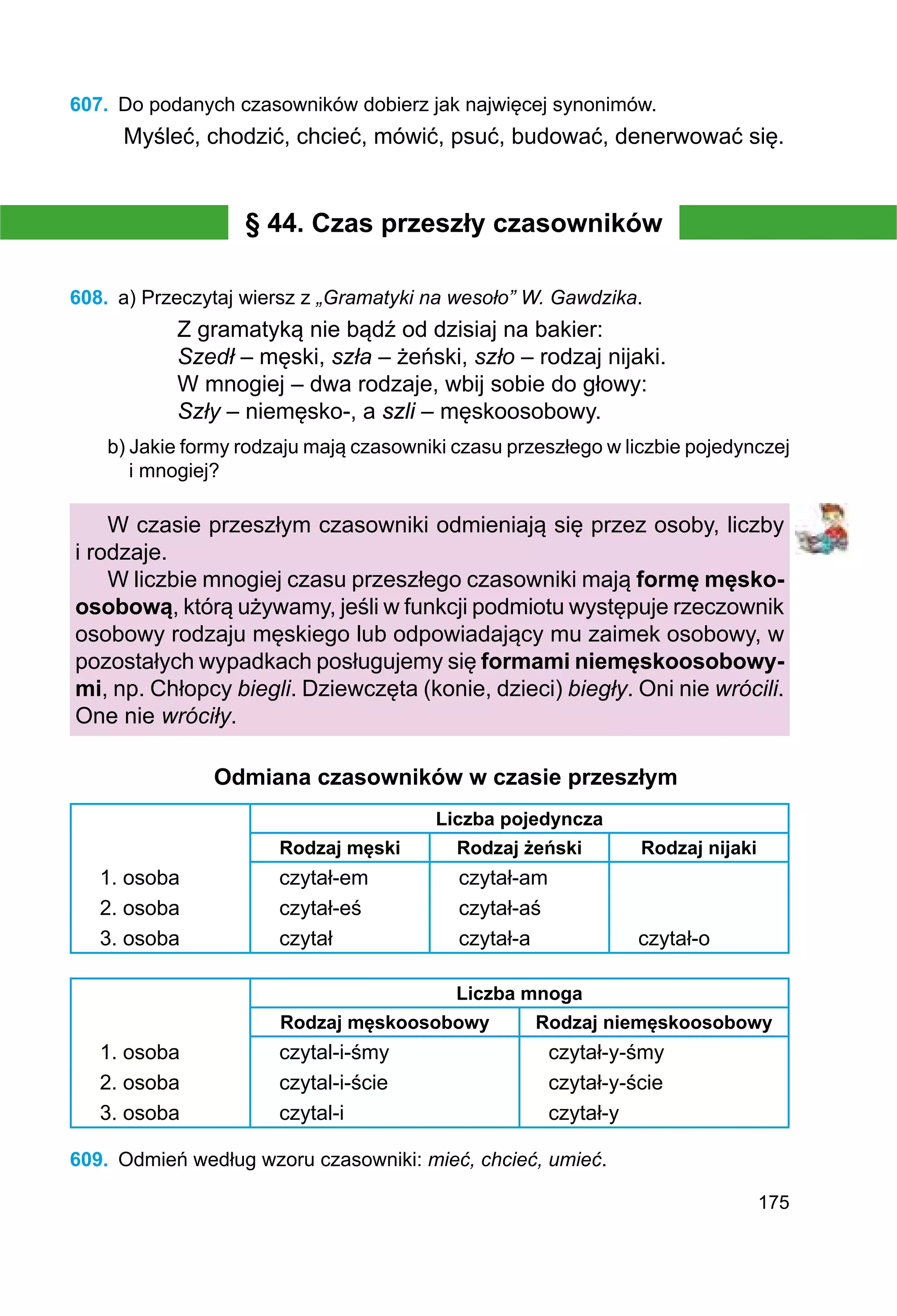175
607.	 Do podanych czasowników dobierz jak najwięcej synonimów.
Myśleć, chodzić, chcieć, mówić, psuć, budować, denerwować się.
§ 44. Czas przeszły czasowników
608.	 a) Przeczytaj wiersz z „Gramatyki na wesoło” W. Gawdzika.
Z gramatyką nie bądź od dzisiaj na bakier:
Szedł – męski, szła – żeński, szło – rodzaj nijaki.
W mnogiej – dwa rodzaje, wbij sobie do głowy:
Szły – niemęsko-, a szli – męskoosobowy.
b) Jakie formy rodzaju mają czasowniki czasu przeszłego w liczbie pojedynczej
i mnogiej?
W czasie przeszłym czasowniki odmieniają się przez osoby, liczby
i rodzaje.
W liczbie mnogiej czasu przeszłego czasowniki mają formę męsko-
osobową, którą używamy, jeśli w funkcji podmiotu występuje rzeczownik
osobowy rodzaju męskiego lub odpowiadający mu zaimek osobowy, w
pozostałych wypadkach posługujemy się formami niemęskoosobowy-
mi, np. Chłopcy biegli. Dziewczęta (konie, dzieci) biegły. Oni nie wrócili.
One nie wróciły.
Odmiana czasowników w czasie przeszłym
Liczba pojedyncza
Rodzaj męski Rodzaj żeński Rodzaj nijaki
1. osoba czytał-em czytał-am
2. osoba czytał-eś czytał-aś
3. osoba czytał czytał-a czytał-o
Liczba mnoga
Rodzaj męskoosobowy Rodzaj niemęskoosobowy
1. osoba czytal-i-śmy czytał-y-śmy
2. osoba czytal-i-ście czytał-y-ście
3. osoba czytal-i czytał-y
609.	 Odmień według wzoru czasowniki: mieć, chcieć, umieć.
 