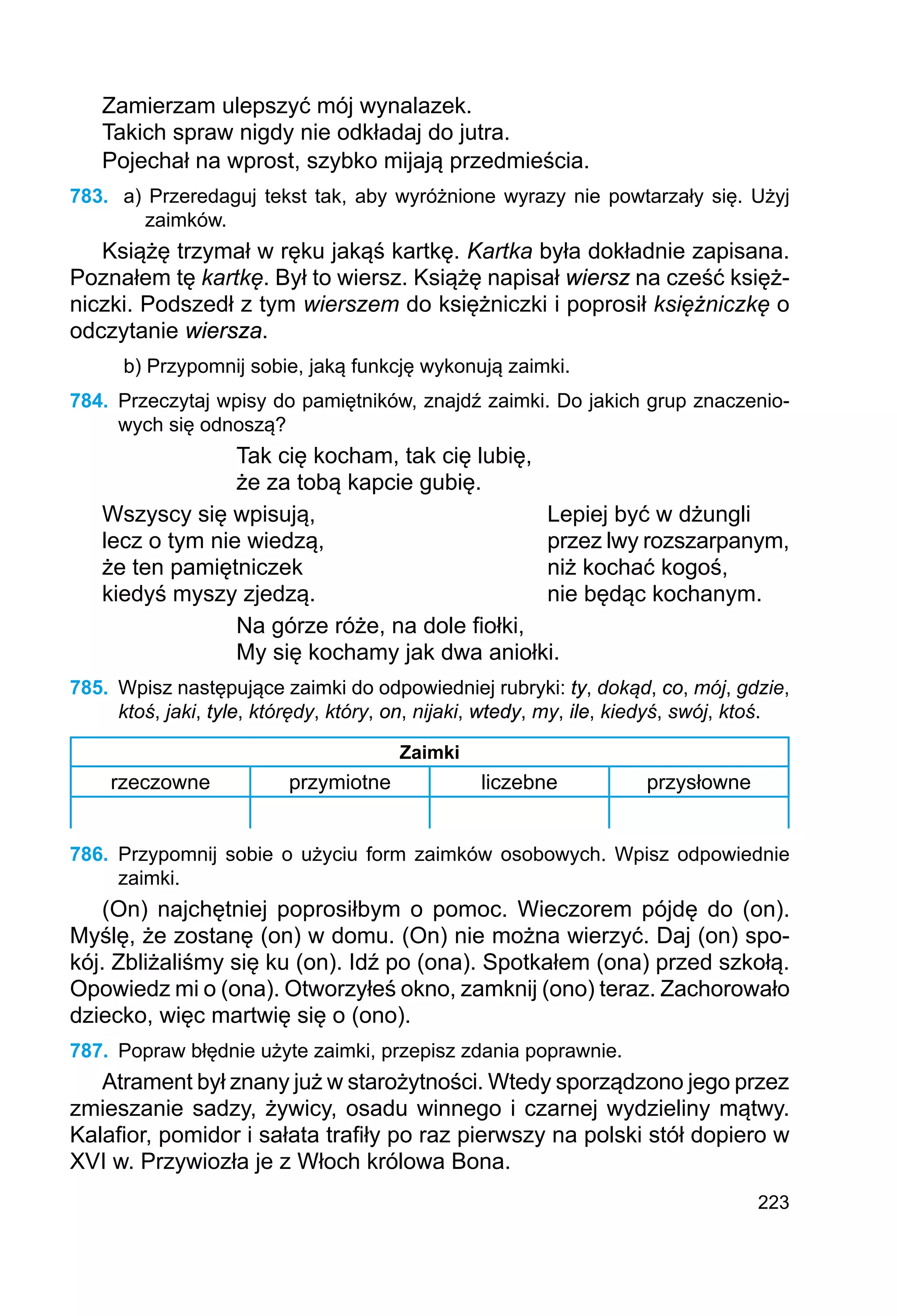223
Zamierzam ulepszyć mój wynalazek.
Takich spraw nigdy nie odkładaj do jutra.
Pojechał na wprost, szybko mijają przedmieścia.
783.	 a) Przeredaguj tekst tak, aby wyróżnione wyrazy nie powtarzały się. Użyj
zaimków.
Książę trzymał w ręku jakąś kartkę. Kartka była dokładnie zapisana.
Poznałem tę kartkę. Był to wiersz. Książę napisał wiersz na cześć księż-
niczki. Podszedł z tym wierszem do księżniczki i poprosił księżniczkę o
odczytanie wiersza.
b) Przypomnij sobie, jaką funkcję wykonują zaimki.
784.	 Przeczytaj wpisy do pamiętników, znajdź zaimki. Do jakich grup znaczenio-
wych się odnoszą?
Tak cię kocham, tak cię lubię,
że za tobą kapcie gubię.
Wszyscy się wpisują,				 Lepiej być w dżungli
lecz o tym nie wiedzą,				 przez lwy rozszarpanym,
że ten pamiętniczek				 niż kochać kogoś,
kiedyś myszy zjedzą.				 nie będąc kochanym.
Na górze róże, na dole fiołki,
My się kochamy jak dwa aniołki.
785.	 Wpisz następujące zaimki do odpowiedniej rubryki: ty, dokąd, co, mój, gdzie,
ktoś, jaki, tyle, którędy, który, on, nijaki, wtedy, my, ile, kiedyś, swój, ktoś.
Zaimki
rzeczowne przymiotne liczebne przysłowne
786.	 Przypomnij sobie o użyciu form zaimków osobowych. Wpisz odpowiednie
zaimki.
(On) najchętniej poprosiłbym o pomoc. Wieczorem pójdę do (on).
Myślę, że zostanę (on) w domu. (On) nie można wierzyć. Daj (on) spo-
kój. Zbliżaliśmy się ku (on). Idź po (ona). Spotkałem (ona) przed szkołą.
Opowiedz mi o (ona). Otworzyłeś okno, zamknij (ono) teraz. Zachorowało
dziecko, więc martwię się o (ono).
787.	 Popraw błędnie użyte zaimki, przepisz zdania poprawnie.
Atrament był znany już w starożytności. Wtedy sporządzono jego przez
zmieszanie sadzy, żywicy, osadu winnego i czarnej wydzieliny mątwy.
Kalafior, pomidor i sałata trafiły po raz pierwszy na polski stół dopiero w
XVI w. Przywiozła je z Włoch królowa Bona.
 