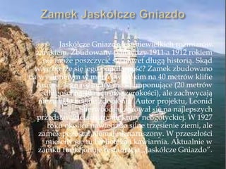 Jaskółcze Gniazdo jest niewielkich rozmiarów
zamkiem. Zbudowany pomiędzy 1911 a 1912 rokiem
nie może poszczycić się nawet długą historią. Skąd
więc bierze się jego popularność? Zamek zbudowano
na wysuniętym w morze, wysokim na 40 metrów klifie
Aurora. Jego rozmiary nie są imponujące (20 metrów
długości na 10 metrów szerokości), ale zachwycają
niezwykle bogate zdobienia. Autor projektu, Leonid
Sherwood, wzorował się na najlepszych
przedstawicielach architektury neogotyckiej. W 1927
roku okolice nawiedziło silne trzęsienie ziemi, ale
zamek pozostał niemal nienaruszony. W przeszłości
mieściły się tu biblioteka i kawiarnia. Aktualnie w
zamku funkcjonuje restauracja „Jaskółcze Gniazdo”.
 