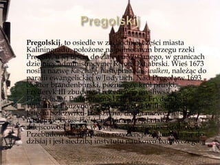Pregolskij, to osiedle w zachodniej części miasta
Kaliningradu, położone na północnym brzegu rzeki
Pregoły, u jej ujścia do Zalewu Wiślanego, w granicach
dzielnicy administracyjnej Rejon Oktjabrski. Wieś 1673
nosiła nazwę Kasebalg, następnie Kosswalken, należąc do
parafii ewangelickiej w Judytach. Nad Pregołą w 1693
elektor brandenburski, późniejszy król pruski,
Fryderyk III zbudował rezydencję myśliwską
Friedrichshof. Podarowana 1719 przez Fryderyka
Wilhelma I kuzynowi, Fryderykowi Wilhelmowi
księciu Szlezwiku-Holsztyna, nosiła nazwę Holstein,
następnie Gross-Holstein, która przejęła także
miejscowość, w XX w. włączona w granice Królewca.
Przebudowana barokowa rezydencja zachowała się do
dzisiaj i jest siedzibą instytutu naukowo-badawczego.
 
