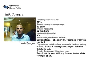 IAB Grecja Penetracja internetu w kraju 40% Średnia cena łącza internetowego 40 Euro Wydatki na reklamę 22 mln Euro Udział w torcie mediów 1% Kluczowe czynniki rozwoju internetu Szybkie łącza – obecnie 10%. Promocja w innych mediach. Czym internet zdobył zaufanie marketerów i większe budżety Naciski z central międzynarodowych. Badania. Działania IAB. Trendy. Główne czynniki rozwoju rynku. Social media. Wzrost liczby internautów w wieku Powyżej 55 lat. Harris Rougas 