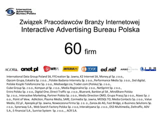 Związek Pracodawców Branży Internetowej  Interactive Advertising Bureau Polska 60   firm International Data Group Poland SA, FFCreation Sp. Jawna, K2 Internet SA, Money.pl Sp. z o.o.,  Opcom Grupa, Eskadra Sp. z o.o. , Polskie Badania Internetu Sp. z o.o., Performance Media Sp. z o.o., Zed digital, Polskie Książki Telefoniczne Sp. z o.o., Mediaedge:cia, Trader.com (Polska) Sp. z o.o.,  Cube Group Sp. z o.o., Kompan.pl Sp. z o.o., Media Regionalne Sp. z o.o., NetSprint Sp. z o.o.,  Eniro Polska Sp. z o.o., Digital One, Direct Traffic sp. z o.o., Bluerank, Bankier.pl SA , MindShare Polska  Sp. z o.o., Interactive Marketing, Partner Polska Sp. z o.o., Media Direction OMD, Grupa Pracuj Sp z o.o., Ataxo Sp. z o.o., Point of View,  AdAction, Plasma Media, SARE, Cormedia Sp. Jawna, MOSQI.TO, Media Contacts Sp. z o.o., Value Media, O2.pl , 4people.pl Sp. Jawna, Nowoczesna Firma Sp. z o. o., Zanox.de AG, Fast Bridge, e-Business Solutions Sp. z o.o., Synerway S.A., Web Search Factory Polska Sp. z o.o, Interaktywna Sp. z o.o., OS3 Multimedia, Zieltraffic, ADV S.A., E-financial S.A., Sunrise System  Sp. z o.o., , ACR S.A. 
