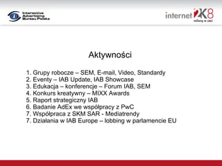 Aktywności 1. Grupy robocze – SEM, E-mail, Video, Standardy 2. Eventy – IAB Update, IAB Showcase 3. Edukacja – konferencje – Forum IAB, SEM 4. Konkurs kreatywny – MIXX Awards 5. Raport strategiczny IAB 6. Badanie AdEx we współpracy z PwC 7. Współpraca z SKM SAR - Mediatrendy 7. Działania w IAB Europe – lobbing w parlamencie EU 