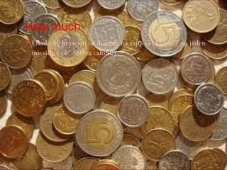 How much
Około 80 hrywien na dojazdy na zajęcia i ksero. / na jeden
  miesiąc ( ok. 560 za całość)
 