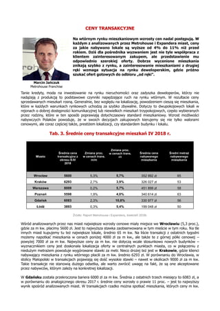 CENY TRANSAKCYJNE
Na wtórnym rynku mieszkaniowym wzrosty cen nadal postępują. W
każdym z analizowanych przez Metrohouse i Expandera miast, ceny
za jakie nabywano lokale są wyższe od 4% do 11% niż przed
rokiem. Dziś dla pośrednika wyzwaniem jest nie tyle współpraca z
klientem zainteresowanym zakupem, ale przedstawienie mu
odpowiednio szerokiej oferty. Dobrze wycenione mieszkania
znikają szybko z rynku, a zainteresowanie mieszkaniami z drugiej
ręki wzmaga sytuacja na rynku deweloperskim, gdzie próżno
szukać ofert gotowych do odbioru „od ręki”.
Tanie kredyty, moda na inwestowanie na rynku nieruchomości oraz zadyszka deweloperów, którzy nie
nadążają z produkcją to podstawowe czynniki napędzające ruch na rynku wtórnym. W rezultacie ceny
sprzedawanych mieszkań rosną. Generalnie, bez względu na lokalizację, powodzeniem cieszą się mieszkania,
które w każdych warunkach rynkowych uchodzą za szybko zbywalne. Dotyczy to dwupokojowych lokali w
rejonach o dobrej dostępności komunikacyjnej lub niewielkich mieszkań trzypokojowych, często wybieranych
przez rodziny, które w ten sposób poprawiają dotychczasowy standard mieszkaniowy. Wzrost możliwości
nabywczych Polaków powoduje, że w swoich decyzjach zakupowych kierujemy się nie tylko walorami
cenowymi, ale coraz częściej także, prestiżem lokalizacji, czy standardem budynku i lokalu.
Tab. 3. Średnie ceny transakcyjne mieszkań IV 2018 r.
Źródło: Raport Metrohouse i Expandera, kwiecień 2018r.
Wśród analizowanych przez nas miast największe wzrosty cenowe miały miejsce we Wrocławiu (5,3 proc.),
gdzie za m kw. płacimy 5600 zł. Jest to najwyższa stawka zaobserwowana w tym mieście w tym roku. Na tle
innych miast kupujemy tu też największe lokale, średnio 65 m kw. Na liście transakcji z ostatnich tygodni
możemy napotkać mieszkania w cenach poniżej 4000 zł za m kw., ale także te z górnej półki cenowej –
powyżej 7000 zł za m kw. Najwyższe ceny za m kw. nie dotyczą wcale stosunkowo nowych budynków –
wyznacznikiem ceny jest doskonała lokalizacja oferty w centralnych punktach miasta, co w połączeniu z
niedużym metrażem powoduje wygórowane stawki za metr. Nieco drożej też jest w Krakowie, gdzie klienci
nabywający mieszkania z rynku wtórnego płacili za m kw. średnio 6293 zł. W porównaniu do Wrocławia, w
stolicy Małopolski w transakcjach pojawiają się dość wysokie stawki – nawet w okolicach 9000 zł za m kw.
Takie transakcje nie stanowią dużego odsetka, ale warto zwrócić uwagę na fakt, że są one akceptowane
przez nabywców, którym zależy na konkretnej lokalizacji.
W Gdańsku została przekroczona bariera 6000 zł za m kw. Średnia z ostatnich trzech miesięcy to 6083 zł, a
w porównaniu do analogicznego okresu 2017 r. średnie ceny wzrosły o prawie 11 proc. – jest to najwyższy
wynik spośród analizowanych miast. W transakcjach rzadko można spotkać mieszkania, których ceny m kw.
Miasto
Średnia cena
transakcyjna z
okresu II-IV
2018
Zmiana proc.
w cenach trans.
m/m
Zmiana proc.
w cenach trans.
r/r
Średnia cena
nabywanego
mieszkania
Średni metraż
nabywanego
mieszkania
Wrocław 5600 5,3% 5,7% 352 992 zł 65
Kraków 6293 2,7% 3,9% 326 027 zł 53
Warszawa 8009 0,2% 5,7% 451 899 zł 58
Poznań 5598 1,9% 4,0% 340 614 zł 63
Gdańsk 6083 2,3% 10,8% 330 977 zł 56
Łódź 3893 0,3% 5,4% 199 048 zł 50
Marcin Jańczuk
Metrohouse Franchise
 