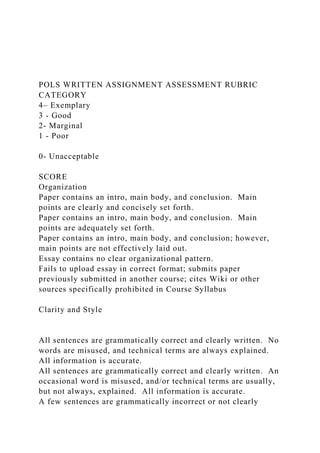 POLS WRITTEN ASSIGNMENT ASSESSMENT RUBRIC
CATEGORY
4– Exemplary
3 - Good
2- Marginal
1 - Poor
0- Unacceptable
SCORE
Organization
Paper contains an intro, main body, and conclusion. Main
points are clearly and concisely set forth.
Paper contains an intro, main body, and conclusion. Main
points are adequately set forth.
Paper contains an intro, main body, and conclusion; however,
main points are not effectively laid out.
Essay contains no clear organizational pattern.
Fails to upload essay in correct format; submits paper
previously submitted in another course; cites Wiki or other
sources specifically prohibited in Course Syllabus
Clarity and Style
All sentences are grammatically correct and clearly written. No
words are misused, and technical terms are always explained.
All information is accurate.
All sentences are grammatically correct and clearly written. An
occasional word is misused, and/or technical terms are usually,
but not always, explained. All information is accurate.
A few sentences are grammatically incorrect or not clearly
 