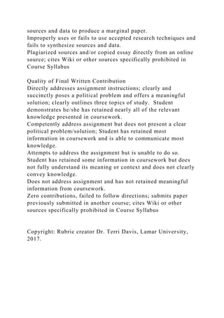 sources and data to produce a marginal paper.
Improperly uses or fails to use accepted research techniques and
fails to synthesize sources and data.
Plagiarized sources and/or copied essay directly from an online
source; cites Wiki or other sources specifically prohibited in
Course Syllabus
Quality of Final Written Contribution
Directly addresses assignment instructions; clearly and
succinctly poses a political problem and offers a meaningful
solution; clearly outlines three topics of study. Student
demonstrates he/she has retained nearly all of the relevant
knowledge presented in coursework.
Competently address assignment but does not present a clear
political problem/solution; Student has retained most
information in coursework and is able to communicate most
knowledge.
Attempts to address the assignment but is unable to do so.
Student has retained some information in coursework but does
not fully understand its meaning or context and does not clearly
convey knowledge.
Does not address assignment and has not retained meaningful
information from coursework.
Zero contributions, failed to follow directions; submits paper
previously submitted in another course; cites Wiki or other
sources specifically prohibited in Course Syllabus
Copyright: Rubric creator Dr. Terri Davis, Lamar University,
2017.
 