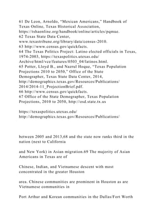 61 De Leon, Arnoldo, “Mexican Americans,” Handbook of
Texas Online, Texas Historical Association,
https://tshaonline.org/handbook/online/articles/pqmue.
62 Texas State Data Center,
www.texastribune.org/library/data/census-2010.
63 http://www.census.gov/quickfacts.
64 The Texas Politics Project: Latino elected officials in Texas,
1974-2003, https://texaspolitics.utexas.edu/
Archive/html/vce/features/0503_04/latinos.html.
65 Potter, Lloyd B., and Nazrul Hoque, “Texas Population
Projections 2010 to 2050,” Office of the State
Demographer, Texas State Data Center, 2014,
http://demographics.texas.gov/Resources/Publications/
2014/2014-11_ProjectionBrief.pdf.
66 http://www.census.gov/quickfacts.
67 Office of the State Demographer, Texas Population
Projections, 2010 to 2050, http://osd.state.tx.us
https://texaspolitics.utexas.edu/
http://demographics.texas.gov/Resources/Publications/
between 2005 and 2013,68 and the state now ranks third in the
nation (next to California
and New York) in Asian migration.69 The majority of Asian
Americans in Texas are of
Chinese, Indian, and Vietnamese descent with most
concentrated in the greater Houston
area. Chinese communities are prominent in Houston as are
Vietnamese communities in
Port Arthur and Korean communities in the Dallas/Fort Worth
 