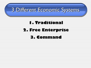 3 Different Economic Systems

       1. Traditional
    2. Free Enterprise
       3. Command
 