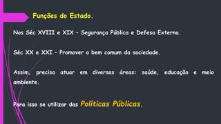 Nos Séc XVIII e XIX – Segurança Pública e Defesa Externa.
Séc XX e XXI – Promover o bem comum da sociedade.
Assim, precisa atuar em diversas áreas: saúde, educação e meio
ambiente.
Para isso se utilizar das Políticas Públicas.
Funções do Estado.
 