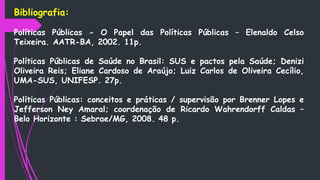 Bibliografia:
Políticas Públicas - O Papel das Políticas Públicas – Elenaldo Celso
Teixeira. AATR-BA, 2002. 11p.
Políticas Públicas de Saúde no Brasil: SUS e pactos pela Saúde; Denizi
Oliveira Reis; Eliane Cardoso de Araújo; Luiz Carlos de Oliveira Cecílio,
UMA-SUS, UNIFESP. 27p.
Políticas Públicas: conceitos e práticas / supervisão por Brenner Lopes e
Jefferson Ney Amaral; coordenação de Ricardo Wahrendorff Caldas –
Belo Horizonte : Sebrae/MG, 2008. 48 p.
 