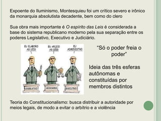 Expoente do Iluminismo, Montesquieu foi um crítico severo e irônico
da monarquia absolutista decadente, bem como do clero
Sua obra mais importante é O espírito das Leis é considerada a
base do sistema republicano moderno pela sua separação entre os
poderes Legislativo, Executivo e Judiciário.

“Só o poder freia o
poder”
Ideia das três esferas
autônomas e
constituídas por
membros distintos
Teoria do Constitucionalismo: busca distribuir a autoridade por
meios legais, de modo a evitar o arbítrio e a violência

 