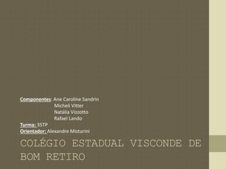 Componentes: Ane Caroline Sandrin 
Micheli Vitter 
Natália Vizzotto 
Rafael Lando 
Turma: 35TP 
Orientador: Alexandre Misturini 
COLÉGIO ESTADUAL VISCONDE DE 
BOM RETIRO 
